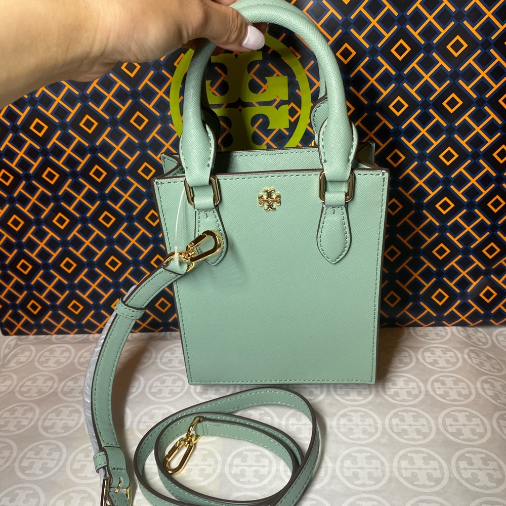 Tory Burch EMERSON Mini Shopper Tote Bag Crossbody Shoulder Bag Purse Sea Wind